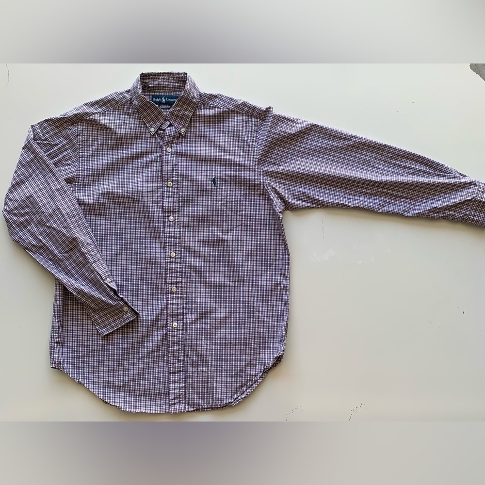 Ralph Lauren Button Shirt Size L 16 34/35 Purple Plaid‎ Long Sleeve Cotton